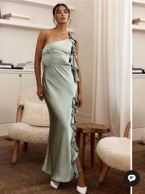 Selfie Leslie-Jayda One Shoulder Ruffle Trim Maxi Dress Sage